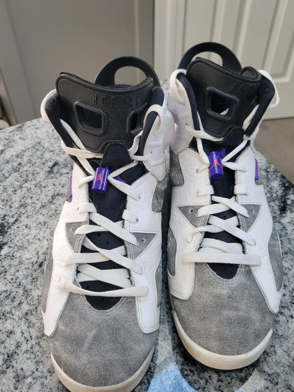 Jordan Retro High-Top Sneakers in White, Gray, Black & Purple - Picture 2 of 8